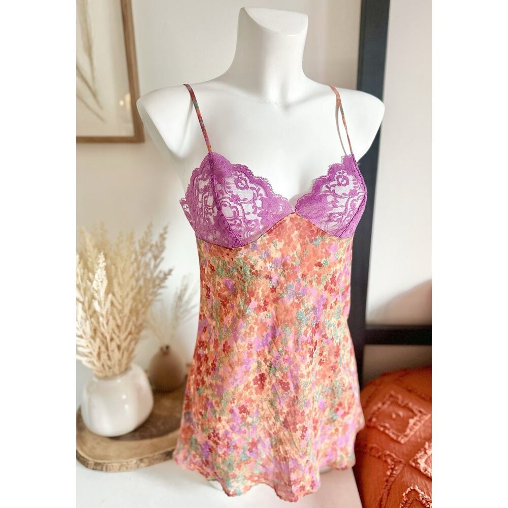 Y2k 2000 Victoria’s Secret Size Small Orange Purple Floral Chiffon Slip Lingerie